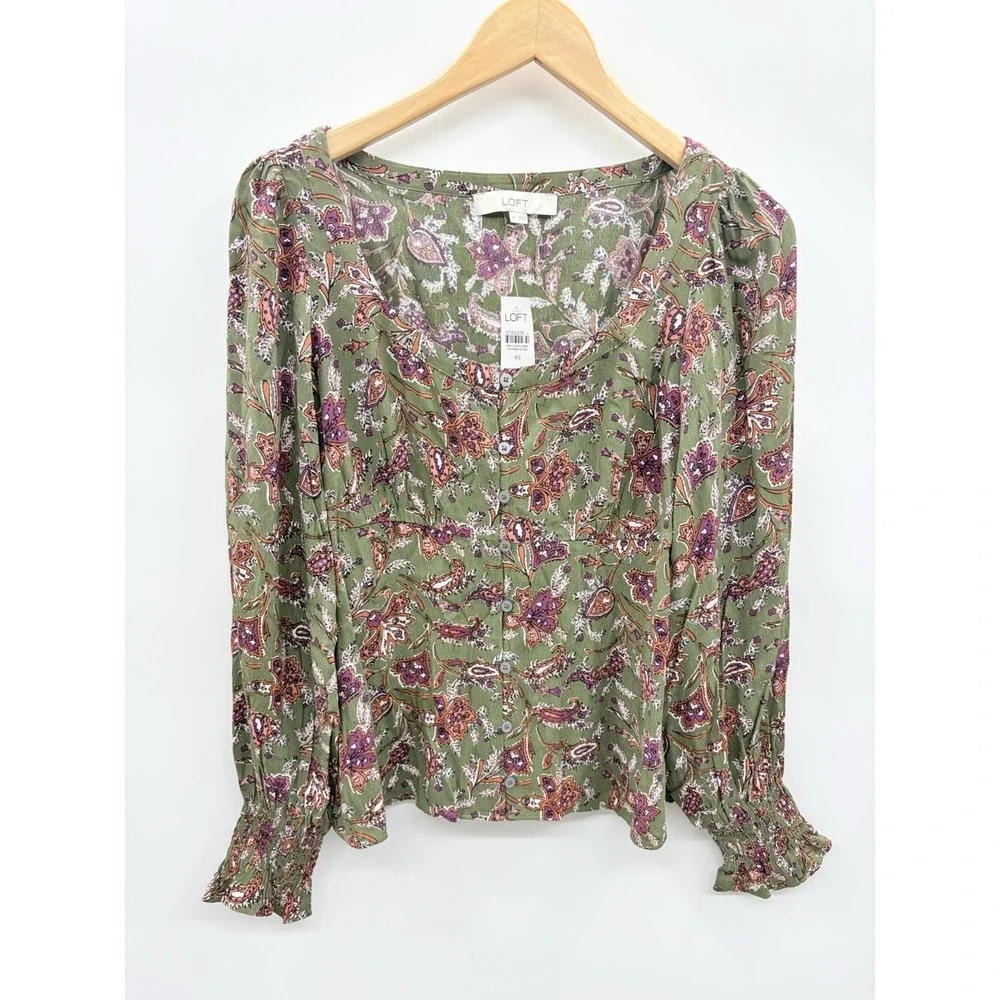 Ann Taylor LOFT Womens Size XS Cottagecore Paisley Long Sleeve Peasant Top 254